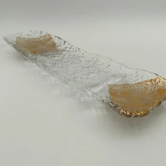 Handmade Unique Texture 16" Gold Leaf Rectangular Glass Platter Made in Japan - Picture 5 of 7